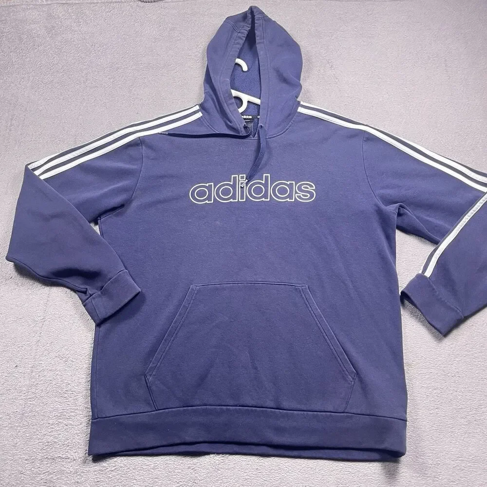 adidas Pullover Hoodie Men's L Navy Blue Spellout Logo 3-Stripe Streetwear